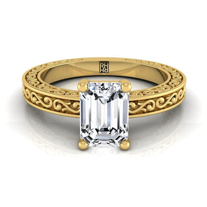 European Cut, Hand-Engraved Scroll Vintage Solitaire Emerald, in 18K Yellow Gold | RockHer