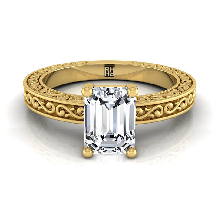 European Cut, Hand-Engraved Scroll Vintage Solitaire Emerald, in 18K Yellow Gold | RockHer