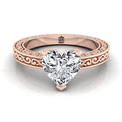 Hand-Engraved Scroll Vintage Solitaire Heart Shape, in 14K Rose Gold | RockHer