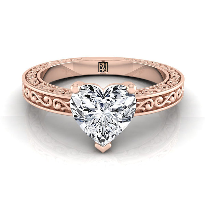 Hand-Engraved Scroll Vintage Solitaire Heart Shape, in 14K Rose Gold | RockHer
