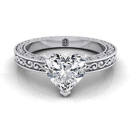 Hand-Engraved Scroll Vintage Solitaire Heart Shape, in Platinum | RockHer