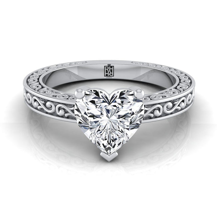 Hand-Engraved Scroll Vintage Solitaire Heart Shape, in Platinum | RockHer