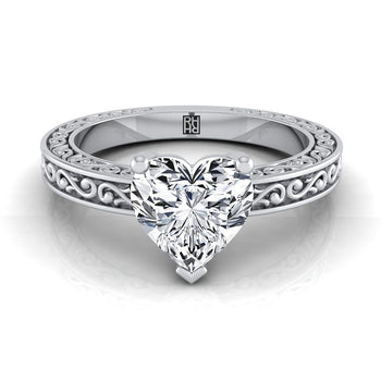 The Veronica Hand Engraved Scroll Vintage Solitaire Heart Engagement Ring Setting in 18K White Gold