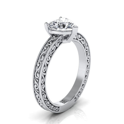 Hand-Engraved Scroll Vintage Solitaire Heart Shape, in 18K White Gold – side profile | RockHer