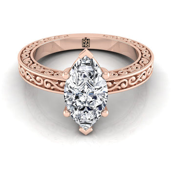 The Veronica Hand Engraved Scroll Vintage Solitaire Marquise Engagement Ring Setting in 14K Rose Gold
