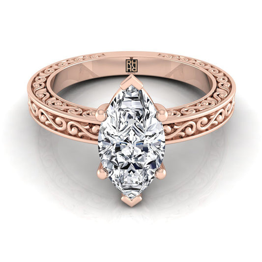 14K Rose Gold Marquise  Hand Engraved Scroll Vintage Solitaire Engagement Ring
