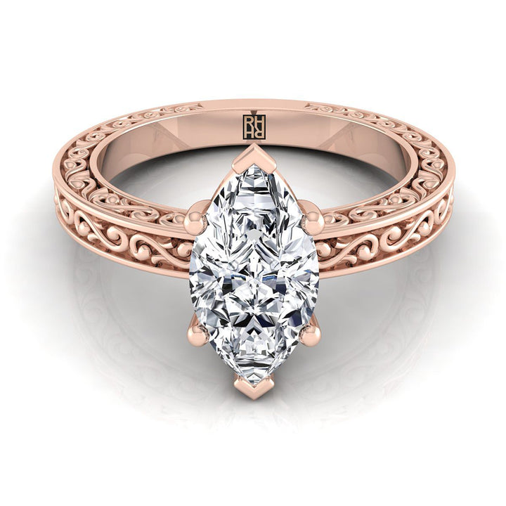 Hand-Engraved Scroll Vintage Solitaire Marquise, in 14K Rose Gold | RockHer
