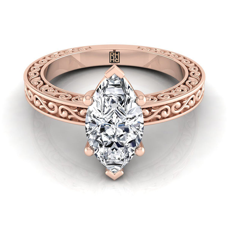 The Veronica Hand Engraved Scroll Vintage Solitaire Marquise Engagement Ring Setting in 14K Rose Gold