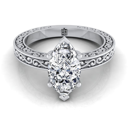 Hand-Engraved Scroll Vintage Solitaire Marquise, in Platinum | RockHer