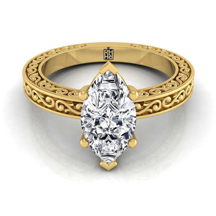 Hand-Engraved Scroll Vintage Solitaire Marquise, in 18K Yellow Gold | RockHer