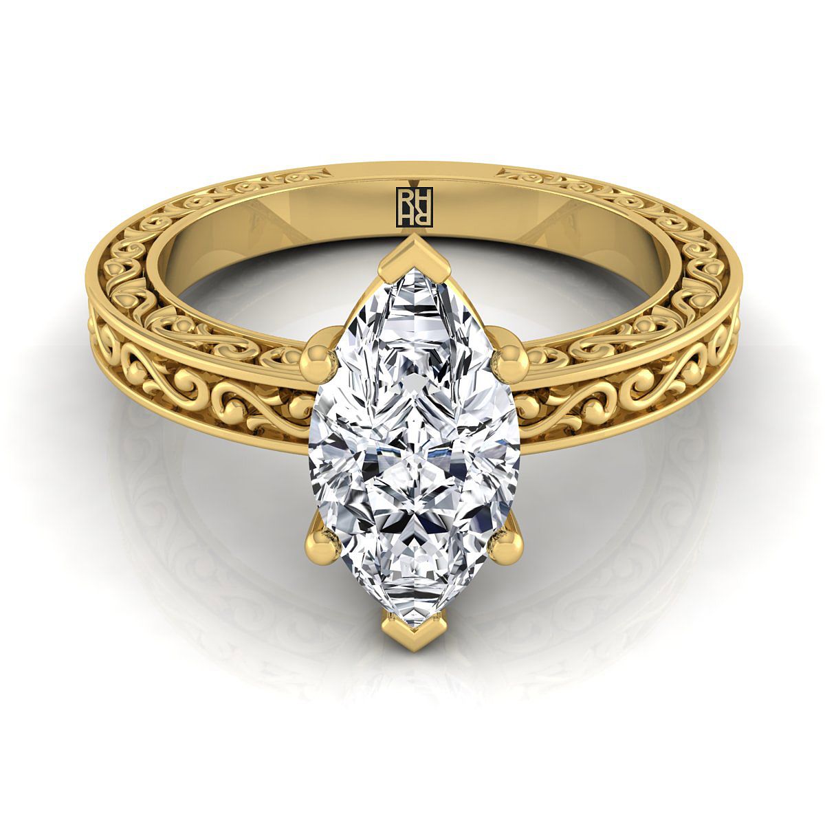 14K Yellow Gold Marquise Hand Engraved Scroll Vintage Solitaire