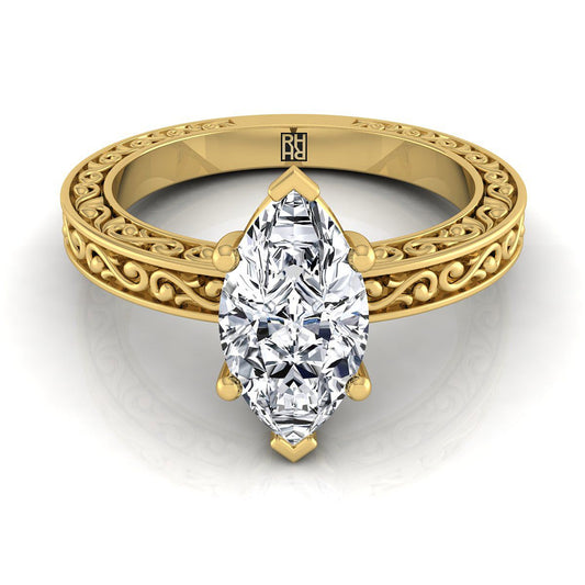 14K Yellow Gold Marquise  Hand Engraved Scroll Vintage Solitaire Engagement Ring