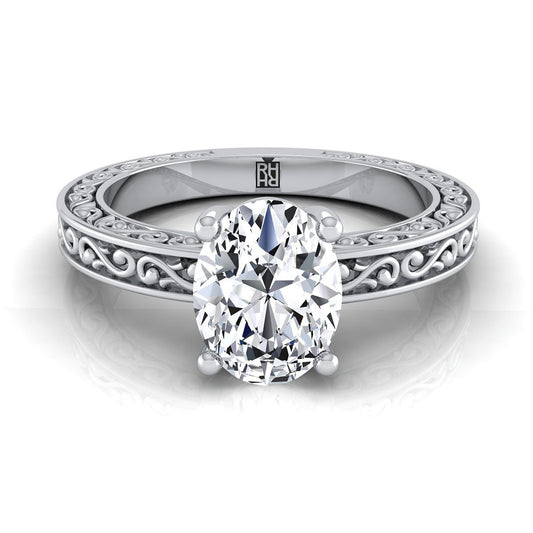Platinum Oval Hand Engraved Scroll Vintage Solitaire Engagement Ring