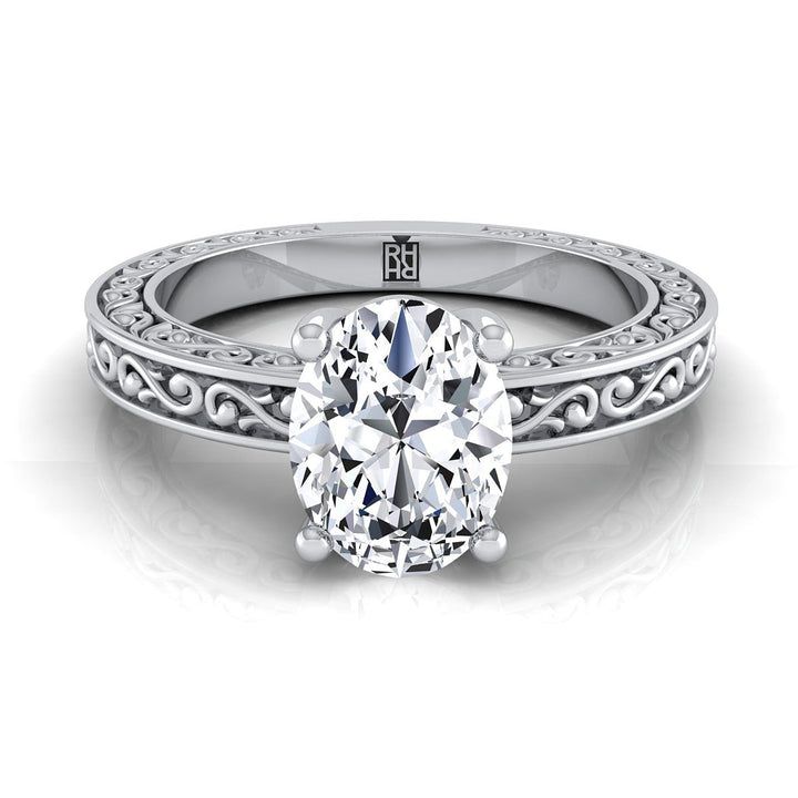 Hand-Engraved Scroll Vintage Solitaire Oval, in Platinum | RockHer