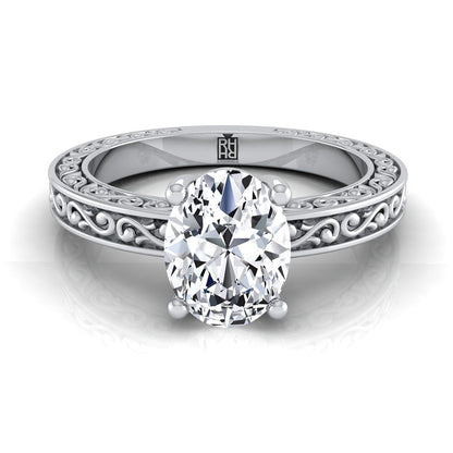 Hand-Engraved Scroll Vintage Solitaire Oval, in 18K White Gold | RockHer