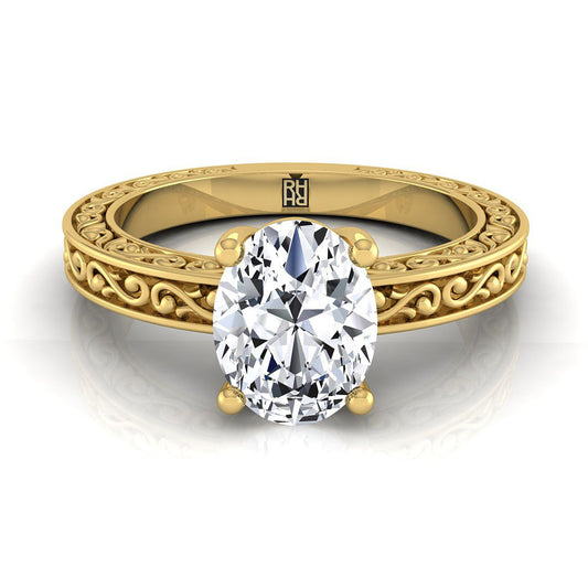 14K Yellow Gold Oval Hand Engraved Scroll Vintage Solitaire Engagement Ring