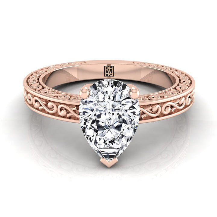 Hand-Engraved Scroll Vintage Solitaire Pear Shape, in 14K Rose Gold | RockHer