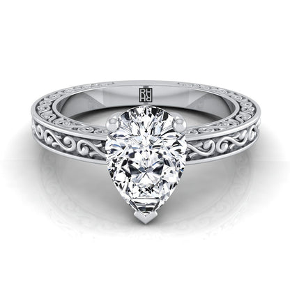 Hand-Engraved Scroll Vintage Solitaire Pear Shape, in 18K White Gold | RockHer