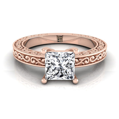 Hand-Engraved Scroll Vintage Solitaire Princess, in 14K Rose Gold | RockHer