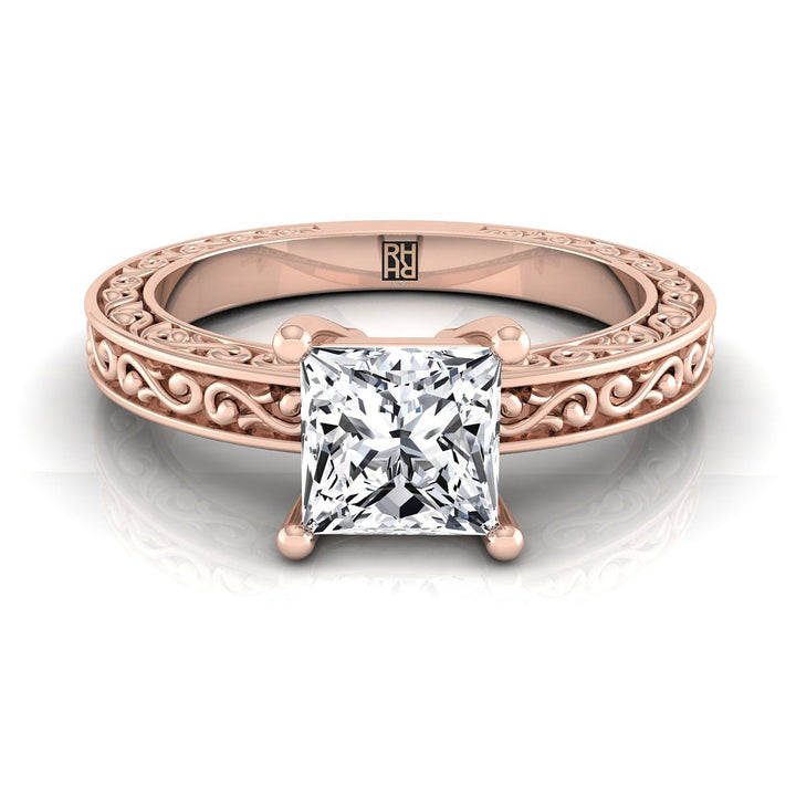 Hand-Engraved Scroll Vintage Solitaire Princess, in 14K Rose Gold | RockHer