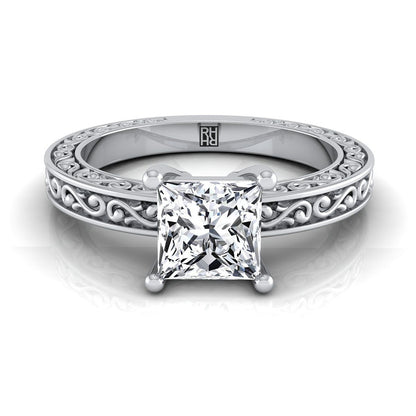 Hand-Engraved Scroll Vintage Solitaire Princess, in Platinum | RockHer