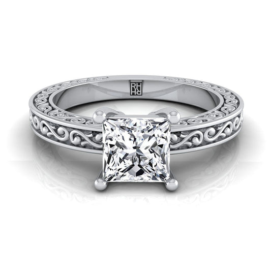 Platinum Princess Cut Hand Engraved Scroll Vintage Solitaire Engagement Ring