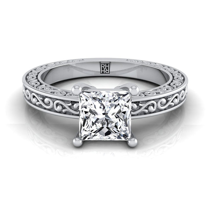 Hand-Engraved Scroll Vintage Solitaire Princess, in 18K White Gold | RockHer