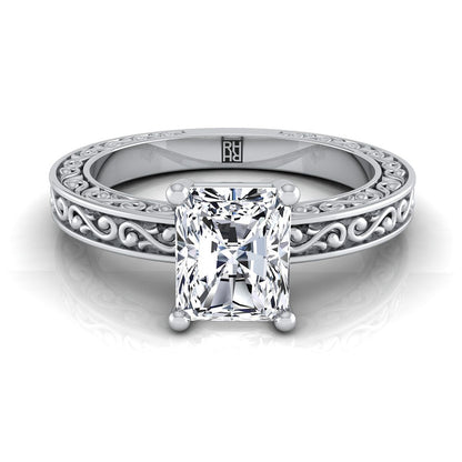 Hand-Engraved Scroll Vintage Solitaire Radiant, in Platinum | RockHer