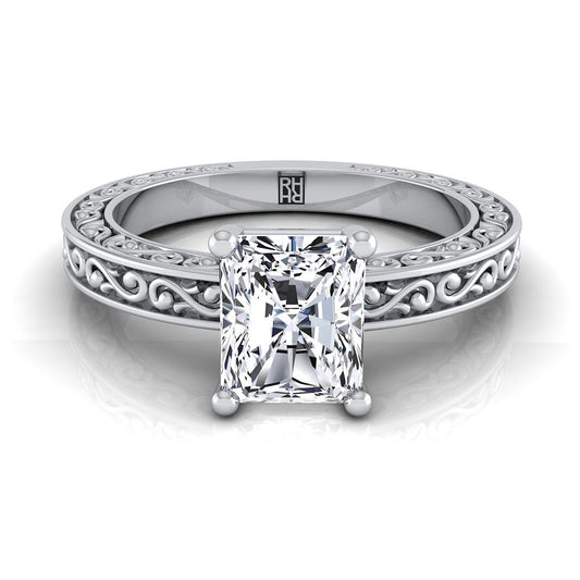 14K White Gold Radiant Cut Center Hand Engraved Scroll Vintage Solitaire Engagement Ring