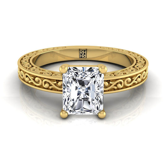 14K Yellow Gold Radiant Cut Center Hand Engraved Scroll Vintage Solitaire Engagement Ring