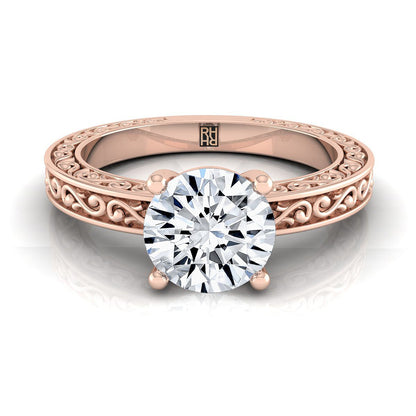 Round Brilliant, Hand-Engraved Scroll Vintage Solitaire Round, in 14K Rose Gold | RockHer
