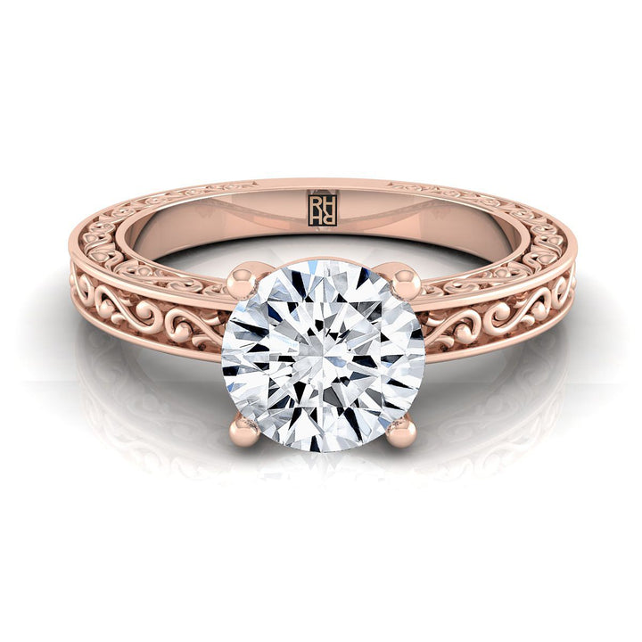 Round Brilliant, Hand-Engraved Scroll Vintage Solitaire Round, in 14K Rose Gold | RockHer