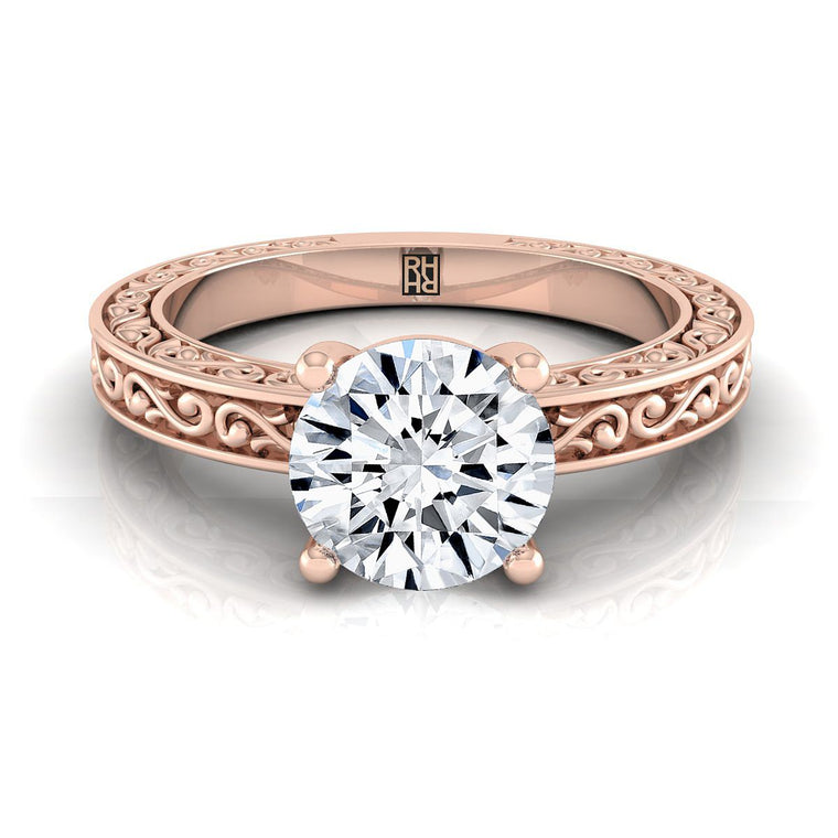 The Veronica Hand Engraved Scroll Vintage Solitaire Round Engagement Ring Setting in 14K Rose Gold