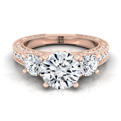 Round Brilliant Vintage Three Stone Antique Scroll Beaded Engagement Ring -7/8ctw, in 14K Rose Gold, pave setting | RockHer
