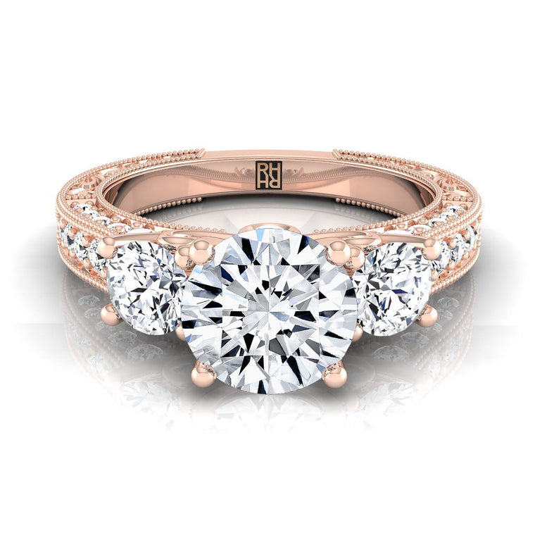 The Rosie Vintage Three Stone Round Engagement Ring Setting in 14K Rose Gold