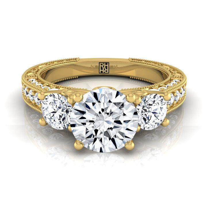 Rosie vintage scroll three stone engagement ring in 18K yellow gold with round lab diamond — RockHer