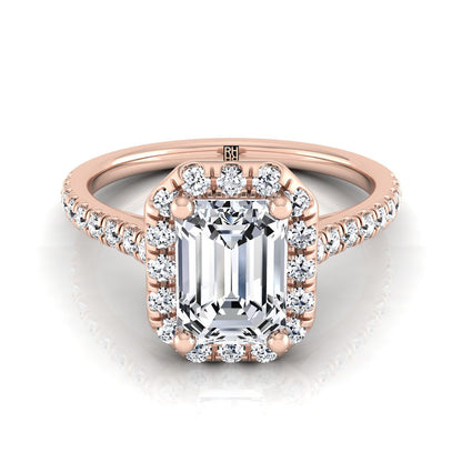European Cut, Classic French Pavé Halo Linear Emerald, in 14K Rose Gold, pave setting | RockHer