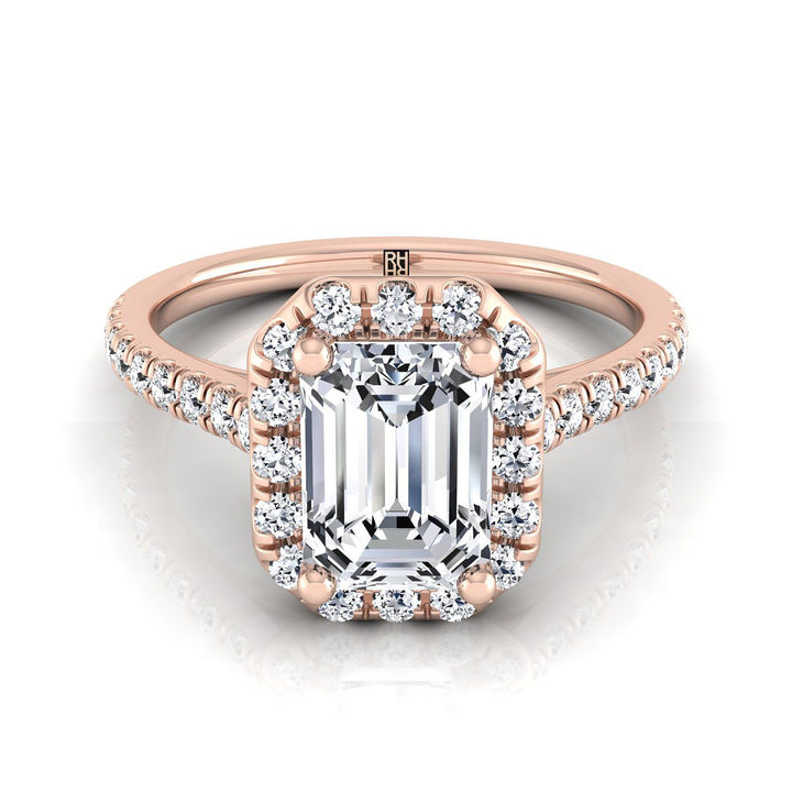 European Cut, Classic French Pavé Halo Linear Emerald, in 14K Rose Gold, pave setting | RockHer