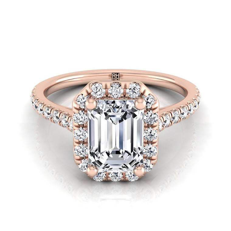 The Sade Classic French Pavé Halo Linear Emerald Cut Engagement Ring Setting in 14K Rose Gold