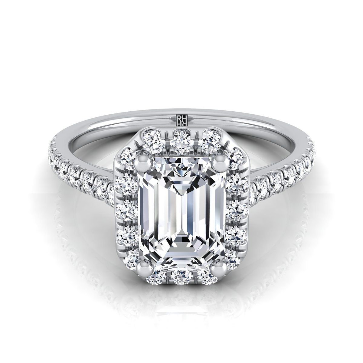 Sade Select Halo Emerald Cut Lab Diamond Engagement Ring in Platinum | RockHer