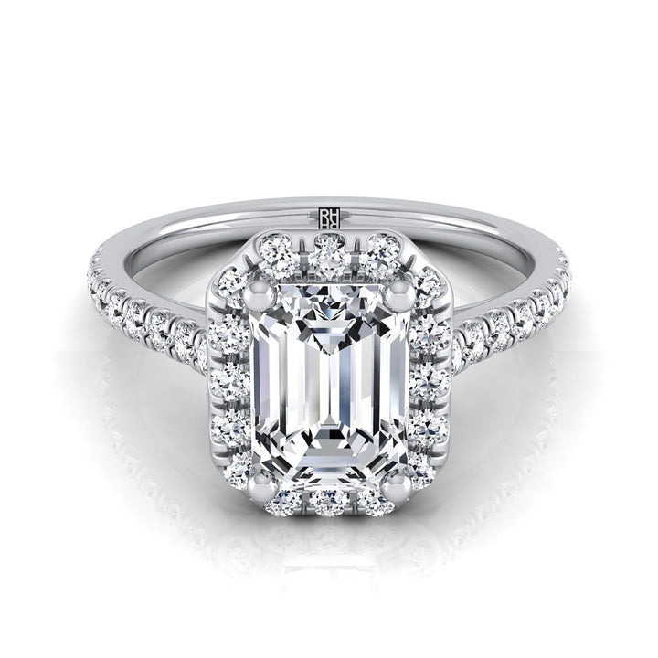 European Cut, Classic French Pavé Halo Linear Emerald, in 18K White Gold, pave setting | RockHer