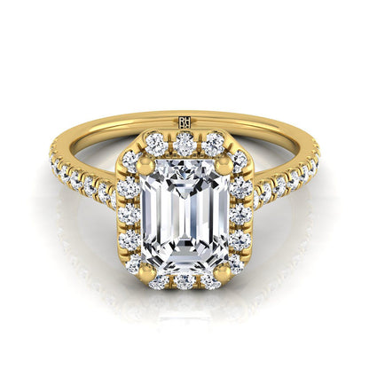 European Cut, Classic French Pavé Halo Linear Emerald, in 18K Yellow Gold, pave setting | RockHer