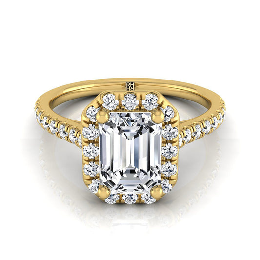 18K Yellow Gold Emerald Cut Classic French Pave Halo and Linear Engagement Ring -3/8ctw