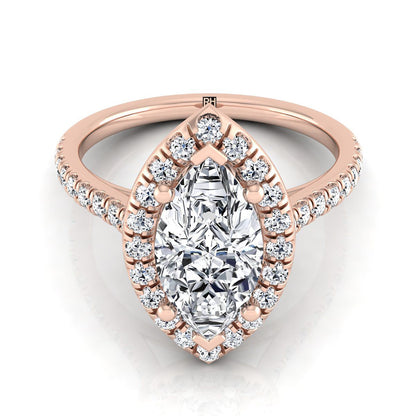 Classic French Pavé Halo Linear Marquise, in 14K Rose Gold, pave setting | RockHer