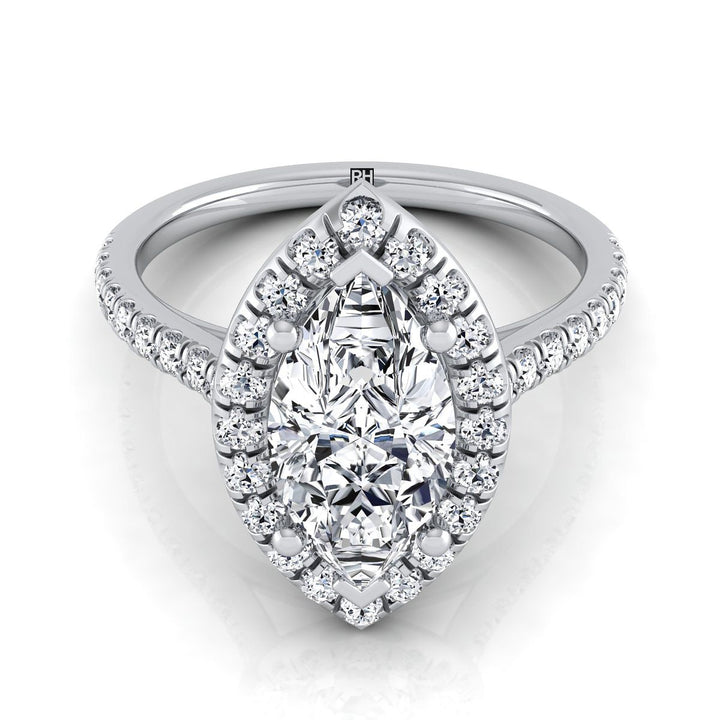 Sade classic french pavé halo linear engagement ring in platinum with marquise lab diamond — RockHer