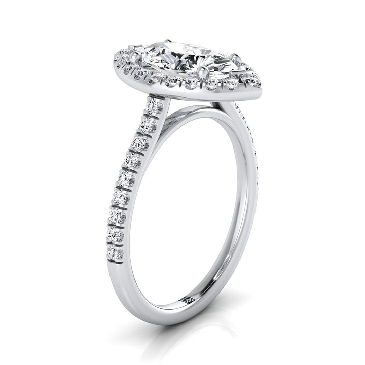 Sade classic french pavé halo linear engagement ring in 18K white gold with marquise lab diamond — RockHer