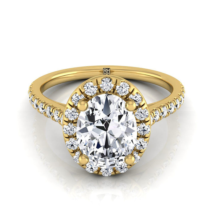 Classic French Pavé Halo Linear Oval, in 18K Yellow Gold, pave setting | RockHer