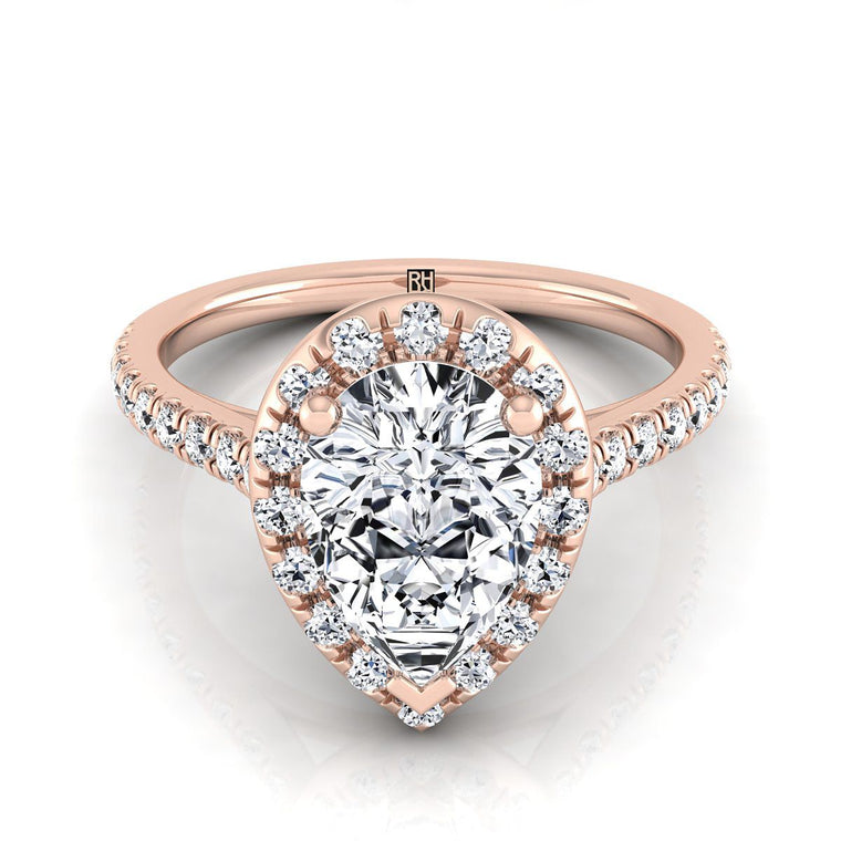 The Sade Classic French Pavé Halo Linear Pear Engagement Ring Setting in 14K Rose Gold