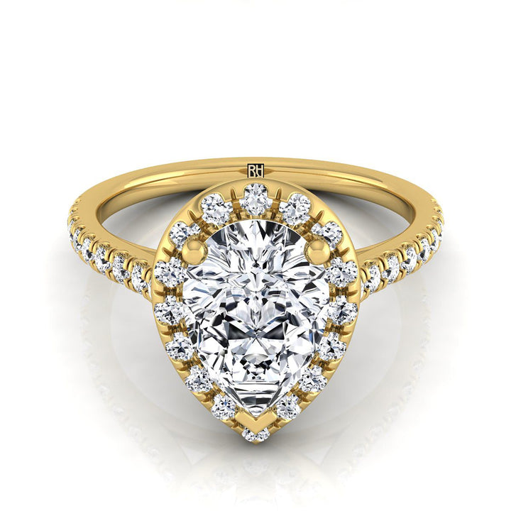 Classic French Pavé Halo Linear Pear Shape, in 18K Yellow Gold, pave setting | RockHer