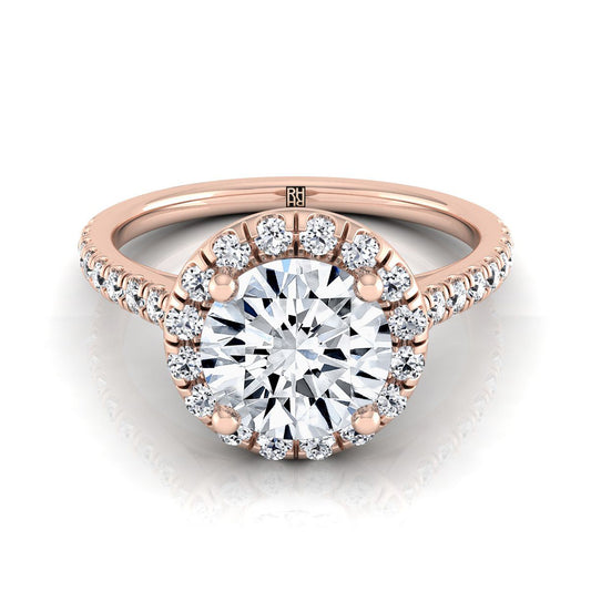 14K Rose Gold Round Brilliant Classic French Pave Halo and Linear Engagement Ring -3/8ctw
